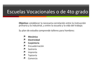 Escuelas Vocacionales o de 4to grado
Objetivo: establecer la necesaria correlación entre la instrucción
primaria y la industrial, y entre la escuela y la vida del trabajo.
Su plan de estudio comprende talleres para hombres:









Mecánica
Electricidad
Carpintería
Encuadernación
Sastrería
Imprenta
Tapicería
Comercio

 