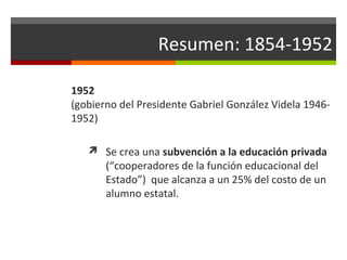 Resumen: 1854-1952
1952
(gobierno del Presidente Gabriel González Videla 19461952)
 Se crea una subvención a la educación privada

(“cooperadores de la función educacional del
Estado”) que alcanza a un 25% del costo de un
alumno estatal.

 
