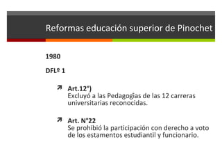 Reformas educación superior de Pinochet
1980
DFLº 1
 Art.12°)

Excluyó a las Pedagogías de las 12 carreras
universitarias reconocidas.

 Art. N°22

Se prohibió la participación con derecho a voto
de los estamentos estudiantil y funcionario.

 