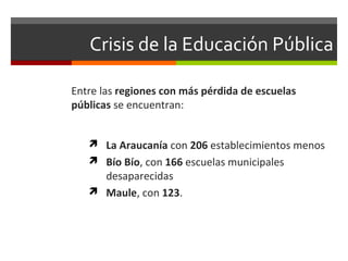 Crisis de la Educación Pública
Entre las regiones con más pérdida de escuelas
públicas se encuentran:
 La Araucanía con 206 establecimientos menos
 Bío Bío, con 166 escuelas municipales

desaparecidas
 Maule, con 123.

 