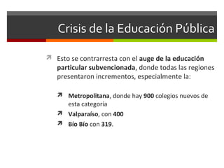 Crisis de la Educación Pública
 Esto se contrarresta con el auge de la educación

particular subvencionada, donde todas las regiones
presentaron incrementos, especialmente la:
 Metropolitana, donde hay 900 colegios nuevos de

esta categoría
 Valparaíso, con 400
 Bío Bío con 319.

 