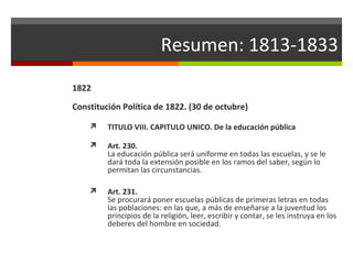 Resumen: 1813-1833
1822
Constitución Política de 1822. (30 de octubre)


TITULO VIII. CAPITULO UNICO. De la educación pública



Art. 230.
La educación pública será uniforme en todas las escuelas, y se le
dará toda la extensión posible en los ramos del saber, según lo
permitan las circunstancias.



Art. 231.
Se procurará poner escuelas públicas de primeras letras en todas
las poblaciones: en las que, a más de enseñarse a la juventud los
principios de la religión, leer, escribir y contar, se les instruya en los
deberes del hombre en sociedad.

 