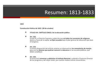 Resumen: 1813-1833
1822
Constitución Política de 1822. (30 de octubre)


TITULO VIII. CAPÍTULO ÚNICO. De la educación pública



Art. 232.
A este fin, el Director Supremo cuidará de que en todos los conventos de religiosos
dentro y fuera de la capital, se fijen escuelas bajo el plan general de educación que dará
el Congreso.



Art. 233.
La misma disposición del artículo anterior se observará en los monasterios de monjas
para con las jóvenes que quieran concurrir a educarse en las escuelas públicas, que
deben establecer.



Art. 234.
Se procurará conservar y adelantar el Instituto Nacional, cuidando el Supremo Director
de sus progresos y del mejor orden, por cuantos medios estime convenientes.

 