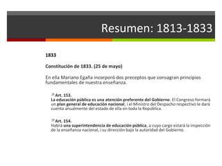 Resumen: 1813-1833
1833
Constitución de 1833. (25 de mayo)
En ella Mariano Egaña incorporó dos preceptos que consagran principios
fundamentales de nuestra enseñanza.
Art. 153.

La educación pública es una atención preferente del Gobierno. El Congreso formará
un plan general de educación nacional; i el Ministro del Despacho respectivo le dará
cuenta anualmente del estado de ella en toda la República.
Art. 154.

Habrá una superintendencia de educación pública, a cuyo cargo estará la inspección
de la enseñanza nacional, i su dirección bajo la autoridad del Gobierno.

 