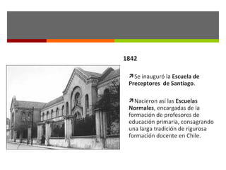 1842
Se inauguró la Escuela de

Preceptores de Santiago.

Nacieron así las Escuelas

Normales, encargadas de la
formación de profesores de
educación primaria, consagrando
una larga tradición de rigurosa
formación docente en Chile.

 