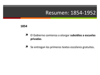 Resumen: 1854-1952
1854
 El Gobierno comienza a otorgar subsidios a escuelas

privadas.

 Se entregan los primeros textos escolares gratuitos.

 