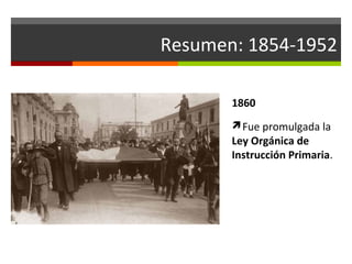 Resumen: 1854-1952
1860
Fue promulgada la

Ley Orgánica de
Instrucción Primaria.

 