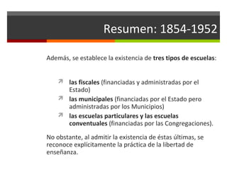 Resumen: 1854-1952
Además, se establece la existencia de tres tipos de escuelas:
 las fiscales (financiadas y administradas por el

Estado)
 las municipales (financiadas por el Estado pero
administradas por los Municipios)
 las escuelas particulares y las escuelas
conventuales (financiadas por las Congregaciones).
No obstante, al admitir la existencia de éstas últimas, se
reconoce explícitamente la práctica de la libertad de
enseñanza.

 