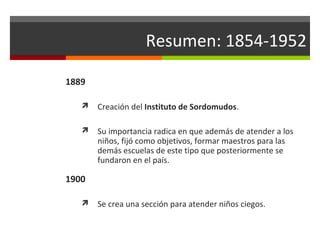 Resumen: 1854-1952
1889


Creación del Instituto de Sordomudos.



Su importancia radica en que además de atender a los
niños, fijó como objetivos, formar maestros para las
demás escuelas de este tipo que posteriormente se
fundaron en el país.

1900


Se crea una sección para atender niños ciegos.

 