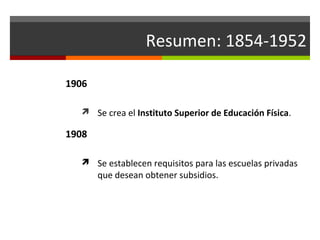 Resumen: 1854-1952
1906
 Se crea el Instituto Superior de Educación Física.

1908
 Se establecen requisitos para las escuelas privadas

que desean obtener subsidios.

 