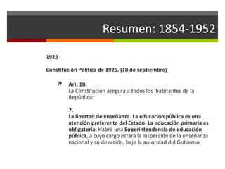 Resumen: 1854-1952
1925
Constitución Política de 1925. (18 de septiembre)


Art. 10.
La Constitución asegura a todos los habitantes de la
República:
7.
La libertad de enseñanza. La educación pública es una
atención preferente del Estado. La educación primaria es
obligatoria. Habrá una Superintendencia de educación
pública, a cuyo cargo estará la inspección de la enseñanza
nacional y su dirección, bajo la autoridad del Gobierno.

 