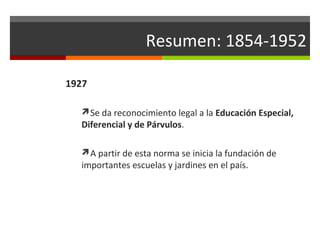 Resumen: 1854-1952
1927
Se da reconocimiento legal a la Educación Especial,

Diferencial y de Párvulos.

A partir de esta norma se inicia la fundación de

importantes escuelas y jardines en el país.

 