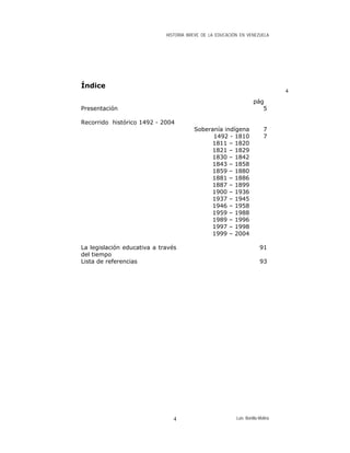 HISTORIA BREVE DE LA EDUCACIÓN EN VENEZUELA
Índice
4
pág
Presentación 5
Recorrido histórico 1492 - 2004
Soberanía indígena 7
1492 - 1810 7
1811 – 1820
1821 – 1829
1830 – 1842
1843 – 1858
1859 – 1880
1881 – 1886
1887 – 1899
1900 – 1936
1937 – 1945
1946 – 1958
1959 – 1988
1989 – 1996
1997 – 1998
1999 – 2004
La legislación educativa a través
del tiempo
91
Lista de referencias 93
Luis Bonilla-Molina4
 
