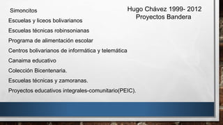 Hugo Chávez 1999- 2012
Proyectos Bandera
Simoncitos
Escuelas y liceos bolivarianos
Escuelas técnicas robinsonianas
Programa de alimentación escolar
Centros bolivarianos de informática y telemática
Canaima educativo
Colección Bicentenaria.
Escuelas técnicas y zamoranas.
Proyectos educativos integrales-comunitario(PEIC).
 