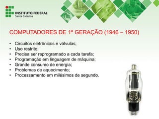 COMPUTADORES DE 1ª GERAÇÃO (1946 – 1950)
• Circuitos eletrônicos e válvulas;
• Uso restrito;
• Precisa ser reprogramado a cada tarefa;
• Programação em linguagem de máquina;
• Grande consumo de energia;
• Problemas de aquecimento;
• Processamento em milésimos de segundo.
 