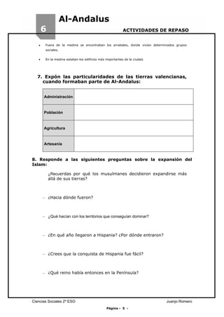 Al-Andalus

6
•

ACTIVIDADES DE REPASO

Fuera de la medina se encontraban los arrabales, donde vivían determinados grupos
sociales.

•

En la medina estaban los edificios más importantes de la ciudad.

7. Expón las particularidades de las tierras valencianas,
cuando formaban parte de Al-Andalus:
Administración

Población

Agricultura

Artesanía

8. Responde a las siguientes preguntas sobre la expansión del
Islam:
¿Recuerdas por qué los musulmanes decidieron expandirse más
allá de sus tierras?

– ¿Hacia dónde fueron?

– ¿Qué hacían con los territorios que conseguían dominar?

– ¿En qué año llegaron a Hispania? ¿Por dónde entraron?

– ¿Crees que la conquista de Hispania fue fácil?

– ¿Qué reino había entonces en la Península?

Ciencias Sociales 2º ESO

Juanjo Romero
Página - 5 -

 