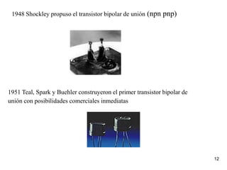 12
1948 Shockley propuso el transistor bipolar de unión (npn pnp)
1951 Teal, Spark y Buehler construyeron el primer transistor bipolar de
unión con posibilidades comerciales inmediatas
 