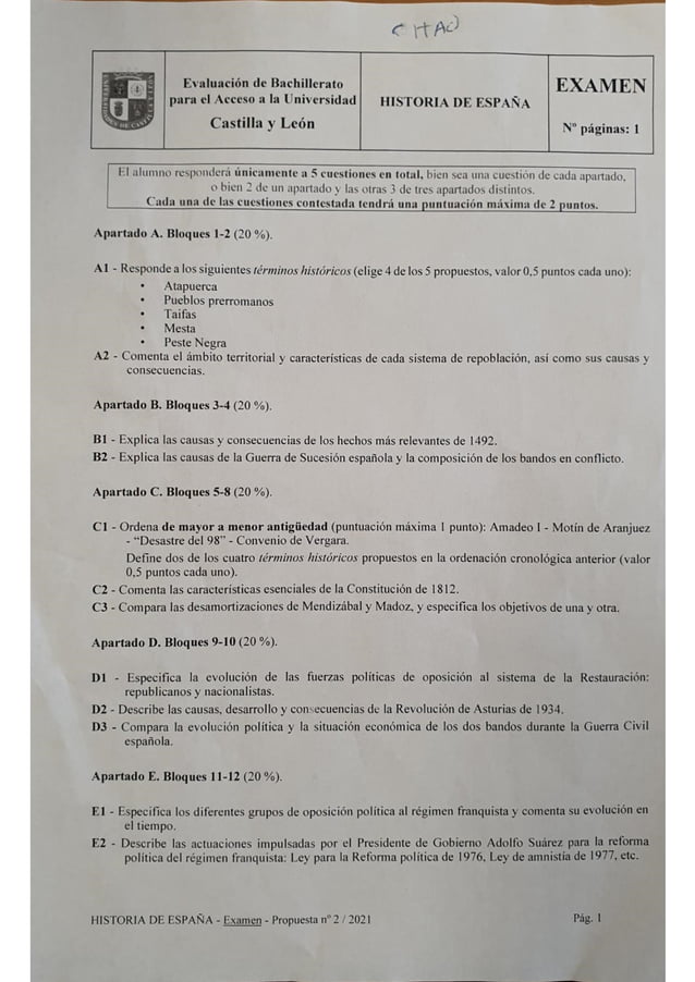 Examen Historia espana ebau cyl junio 2021 Examen Historia espana ebau cyl junio 2021