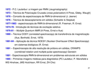 1972 - P.C. Lauterbur: a imagem por RMN (zeugmatography)
1973 – Técnica de Polarização Cruzada (cross polarization) A Pines, Gibby, Waugh]
1976 – Conceito da espectroscopia de RMN bi-dimensional (J. Jeener)
1976 – Técnica de desacoplamento em sólidos (Schaefer & Stejskal)
1977-1983 - espectroscopia de RMN bi-dimensional (R. Freeman, R. Ernst)
1974-78 - Introdução de técnicas de excitação seletiva
1976-81 – Multiple Quantum NMR (A Pines, Ernst e Aue)
1980 – Técnica COSY (correlated spectroscopy) de transferência de magnetização
        (Aue, Bortholdi, Ernst, 1979)
1981-84 – Aplicação da técnica NOESY (Nuclear Overhauser Effect Spectroscopy)
        em sistemas biológicos (R. Ernst)
1981 – Espectroscopia de alta resolução de prótons em sólidos, CRAMPS
        (combined rotation and multiple pulse spectroscopy) Gerstein
1981 - Espectroscopia RMN bi-dimensional em problemas estruturais em sólidos
1985 – Primeiras imagens médicas para diagnóstico (PC Lautebur, P. Mansfield e
WS Hinshaw, JMS Hutchison, RR Ernst, ZH Cho)

                                                                               21
 