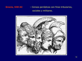 Grecia, 540 AC -   Censos periódicos con fines tributarios,    sociales y militares. 