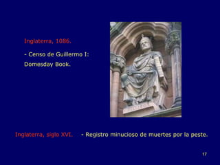 Inglaterra, 1086. - Censo de Guillermo I:   Domesday Book. Inglaterra, siglo XVI. - Registro minucioso de muertes por la peste. 