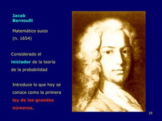 Jacob Bernoulli Introduce lo que hoy se conoce como la primera  ley de los grandes números .  Considerado el  iniciador  de la teoría de la probabilidad  Matemático suizo  (n. 1654) 