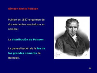 Simeón Denis Poisson Publicó en 1837 el germen de dos elementos asociados a su nombre:  La  distribución de Poisson .  La generalización de la  ley de los grandes números  de Bernoulli.  