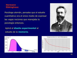 Hermann Ebbinghaus Aplicó el  diseño experimental  al estudio de la  memoria . Psicólogo alemán, pensaba que el estudio cuantitativo era el único medio de expresar las vagas nociones que manejaba la psicología entonces. 