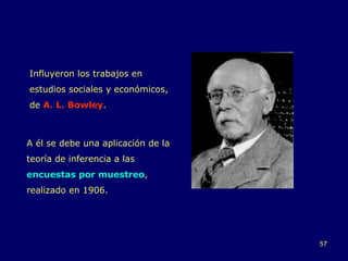 Influyeron los trabajos en estudios sociales y económicos, de  A. L. Bowley .  A él se debe una aplicación de la teoría de inferencia a las  encuestas por muestreo , realizado en 1906 . 