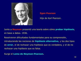 Egon Pearson Hijo de Karl Pearson. Junto a  Neyman  presentó una teoría sobre cómo  probar hipótesis , en base a datos . 1936. Resolvieron dificultades fundamentales para su comprensión, introduciendo las nociones de  hipótesis alternativa , y los dos tipos de  error , el de rechazar una hipótesis que es verdadera, y el de no rechazar una hipótesis que es falsa.  Surge el  Lema de Neyman-Pearson . 