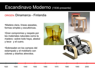 Escandinavo Moderno  (1936-presente) ORIGEN:  Dinamarca - Finlandia Madera clara, líneas aseadas, formas simples y escultóricas. Gran compromiso y respeto por los materiales naturales como la madera –sobre todo haya, abedul y teca-  y el cuero. Sobresalen en los campos del estampado y el mobiliario con colores y diseños atrevidos. 1920 1930 1940 1950 1960 1970 1980 1990 2000 