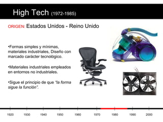 High Tech  (1972-1985) ORIGEN:  Estados Unidos - Reino Unido Formas simples y mínimas, materiales industriales, Diseño con marcado carácter tecnológico. Materiales industriales empleados en entornos no industriales. Sigue el principio de que  “la forma sigue la función”. 1920 1930 1940 1950 1960 1970 1980 1990 2000 