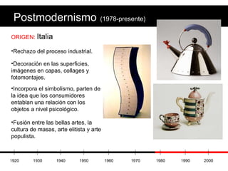 Postmodernismo   (1978-presente) ORIGEN:  Italia Rechazo del proceso industrial. Decoración en las superficies, imágenes en capas, collages y fotomontajes. Incorpora el simbolismo, parten de la idea que los consumidores entablan una relación con los objetos a nivel psicológico. Fusión entre las bellas artes, la cultura de masas, arte elitista y arte populista. 1920 1930 1940 1950 1960 1970 1980 1990 2000 