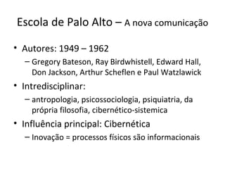 Escola de Palo Alto – A nova comunicação

• Autores: 1949 – 1962
  – Gregory Bateson, Ray Birdwhistell, Edward Hall,
    Don Jackson, Arthur Scheflen e Paul Watzlawick
• Intredisciplinar:
  – antropologia, psicossociologia, psiquiatria, da
    própria filosofia, cibernético-sistemica
• Influência principal: Cibernética
  – Inovação = processos físicos são informacionais
 