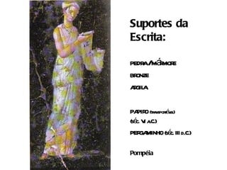 Suportes da
Escrita:

pedr /mámor
    a r e
bronze
agil
 r a

pa o (transportável)
  pir
(sé V a
   c. I .C.)
per minho (séc. III d.C.)
   ga

Pompéia
 