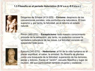 1.3 Filosofía en el período Helenístico (S IV a.e.c.-S II d.e.c.)



      Diógenes de Sínope (413-323): - Cinismo: desprecio de las
      convenciones sociales, vida conforme a la naturaleza. El bien
      supremo y, por tanto, la felicidad, es el retorno al estado
      natural.


      Pirrón (360-272): - Escepticismo: todo nuestro conocimiento
      procede de la sensación, por tanto, no podemos conocer la
      verdadera naturaleza de las cosas. La felicidad consiste en
      suspender todo juicio.


      Epicuro (341-270): - Hedonismo: el fin de la vida humana es el
      placer espiritual, el saber, la amistad. Su filosofía se plantea
      como una búsqueda de la felicidad: superación de los temores,
      penas y dolores. Funda el "Jardín", escuela filosófica y lugar de
      reunión, del que participaban también mujeres y esclavos.
 