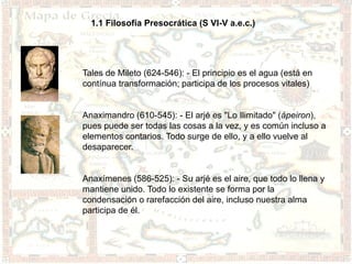 1.1 Filosofía Presocrática (S VI-V a.e.c.)




Tales de Mileto (624-546): - El principio es el agua (está en
contínua transformación; participa de los procesos vitales)


Anaximandro (610-545): - El arjé es "Lo Ilimitado" (ápeiron),
pues puede ser todas las cosas a la vez, y es común incluso a
elementos contarios. Todo surge de ello, y a ello vuelve al
desaparecer.


Anaxímenes (586-525): - Su arjé es el aire, que todo lo llena y
mantiene unido. Todo lo existente se forma por la
condensación o rarefacción del aire, incluso nuestra alma
participa de él.
 