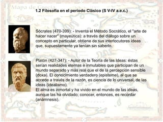 1.2 Filosofía en el período Clásico (S V-IV a.e.c.)




Sócrates (470-399): - Inventa el Método Socrático, el "arte de
hacer nacer" (mayeútica): a través del diálogo sobre un
concepto en particular, obtiene de sus interlocutores ideas
que, supuestamente ya tenían sin saberlo.


Platón (427-347): - Autor de la Teoría de las Ideas: éstas
serían realidades eternas e inmutables que participan de un
mundo separado y más real que el de la percepción sensible
(doxa). El conocimiento verdadero (episteme), al que se
accede a través de la razón, es ciencia de lo universal, de las
ideas (idealismo).
El alma es inmortal y ha vivido en el mundo de las ideas,
aunque las ha olvidado; conocer, entonces, es recordar
(anámnesis).
 