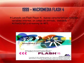  Lanzado con Flash Player 4, nuevas características incluidas:
 variables internas, un campo de entrada, avanzada
 ActionScript y streaming de MP3.
 