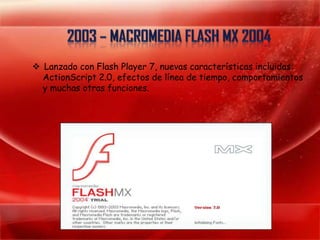  Lanzado con Flash Player 7, nuevas características incluidas:
  ActionScript 2.0, efectos de línea de tiempo, comportamientos
  y muchas otras funciones.
 