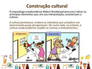 Construção cultural
O arqueólogo estadunidense Robert Braidwood procurou indicar os
principais elementos que, em sua interpretação, caracterizam a
cultura:
A cultura permanece, embora os indivíduos que compõem um
determinado grupo desapareçam. Por outro lado, no entanto, a
cultura muda conforme mudam as normas e entendimentos.
 