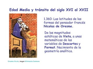 Edad Media y tránsito del siglo XVI al XVII 1.360: Las latitudes de las formas del pensador francés  Nicolas de Oresme. De las magnitudes estáticas de  Vieta , a unas matemáticas de las variables de  Descartes  y  Fermat . Nacimiento de la geometría analítica. Oresme - Nicola , imagen  Wikimedia   Commons 