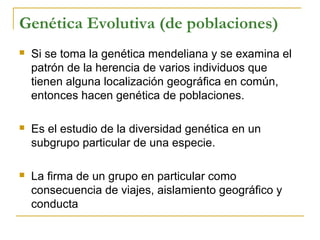 Genética Evolutiva (de poblaciones) 
 Si se toma la genética mendeliana y se examina el 
patrón de la herencia de varios individuos que 
tienen alguna localización geográfica en común, 
entonces hacen genética de poblaciones. 
 Es el estudio de la diversidad genética en un 
subgrupo particular de una especie. 
 La firma de un grupo en particular como 
consecuencia de viajes, aislamiento geográfico y 
conducta 
 