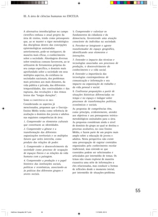 55
III. A área de ciências humanas no ENCCEJA
A alternativa interdisciplinar no campo
científico embasa o atual projeto da
área de ensino, tendo como pressuposto
que, ao se manter o rigor metodológico
das disciplinas dentro das concepções
epistemológicas assinaladas
anteriormente, pode-se enriquecer, de
maneira mais eficaz, o conhecimento
sobre a sociedade. Abordagens diversas
sobre temáticas comuns favorecem, ao se
utilizarem de ferramentas próprias do
seu campo específico, o domínio mais
aprofundado sobre a sociedade em seus
múltiplos aspectos, do cotidiano às
sociedades nacionais, dos problemas
mais próximos aos mais distantes, da
vida pública e privada, das diferentes
temporalidades, das continuidades e das
rupturas, das revoluções e dos ritmos
lentos das “longas durações”.
SOBRE AS COMPETÊNCIAS DE ÁREA
Considerando os aspectos já
mencionados, propomos que o Encceja-
Ensino Médio tenha como referência de
avaliação o domínio dos jovens e adultos
nas seguintes competências de área:
1. Compreender os elementos culturais
que constituem as identidades.
2. Compreender a gênese e a
transformação das diferentes
organizações territoriais e os múltiplos
fatores que neles intervêm, como
produto das relações de poder.
3. Compreender o desenvolvimento da
sociedade como processo de ocupação
de espaços físicos e as relações da vida
humana com a paisagem.
4. Compreender a produção e o papel
histórico das instituições sociais,
políticas e econômicas, associando-as
às práticas dos diferentes grupos e
atores sociais.
5. Compreender e valorizar os
fundamentos da cidadania e da
democracia, favorecendo uma atuação
consciente do indivíduo na sociedade.
6. Perceber-se integrante e agente
transformador do espaço geográfico,
identificando seus elementos e
interações.
7. Entender o impacto das técnicas e
tecnologias associadas aos processos de
produção, o desenvolvimento do
conhecimento e a vida social.
8. Entender a importância das
tecnologias contemporâneas de
comunicação e informação e seu
impacto na organização do trabalho e
da vida pessoal e social.
9. Confrontar proposições a partir de
situações históricas diferenciadas no
tempo e no espaço e indagar sobre
processos de transformações políticas,
econômicas e sociais.
As propostas de competências têm,
como princípio, evidentemente, atender
aos objetivos e aos pressupostos teórico-
metodológicos assinalados para a área.
As propostas consideram ainda o nível
de domínio do grupo ao qual se destina o
processo avaliativo, no caso Ensino
Médio, e fazem parte de um projeto mais
amplo sobre a educação de jovens e
adultos. Nesta perspectiva não existe
uma preocupação de esgotar conteúdos
organizados pelo conhecimento escolar
tradicional, mas entende-se que
conteúdos podem ser selecionados e
articulados por intermédio de temas. Os
temas não visam explorar de maneira
exaustiva uma série de informações a
eles relacionadas, mas conduzir a formas
de reflexões desde o momento inicial,
por intermédio de situações-problema
HistÛria e Geografia 39-71.pmd 11/7/2003, 09:1555
 