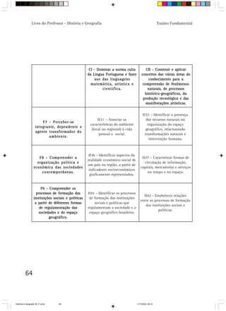 64
Ensino FundamentalLivro do Professor - História e Geografia
CI - Dominar a norma cultaCI - Dominar a norma cultaCI - Dominar a norma cultaCI - Dominar a norma cultaCI - Dominar a norma culta
da Língua Portuguesa e fazerda Língua Portuguesa e fazerda Língua Portuguesa e fazerda Língua Portuguesa e fazerda Língua Portuguesa e fazer
uso das linguagensuso das linguagensuso das linguagensuso das linguagensuso das linguagens
matemática, artística ematemática, artística ematemática, artística ematemática, artística ematemática, artística e
científica.científica.científica.científica.científica.
CII - Construir e aplicarCII - Construir e aplicarCII - Construir e aplicarCII - Construir e aplicarCII - Construir e aplicar
conceitos das várias áreas doconceitos das várias áreas doconceitos das várias áreas doconceitos das várias áreas doconceitos das várias áreas do
conhecimento para aconhecimento para aconhecimento para aconhecimento para aconhecimento para a
compreensão de fenômenoscompreensão de fenômenoscompreensão de fenômenoscompreensão de fenômenoscompreensão de fenômenos
naturais, de processosnaturais, de processosnaturais, de processosnaturais, de processosnaturais, de processos
histórico-geográficos, dahistórico-geográficos, dahistórico-geográficos, dahistórico-geográficos, dahistórico-geográficos, da
produção tecnológica e dasprodução tecnológica e dasprodução tecnológica e dasprodução tecnológica e dasprodução tecnológica e das
manifestações artísticas.manifestações artísticas.manifestações artísticas.manifestações artísticas.manifestações artísticas.
H31 – Associar as
características do ambiente
(local ou regional) à vida
pessoal e social.
H32 – Identificar a presença
dos recursos naturais na
organização do espaço
geográfico, relacionando
transformações naturais e
intervenção humana.
H36 - Identificar aspectos da
realidade econômico-social de
um país ou região, a partir de
indicadores socioeconômicos
graficamente representados.
H37 – Caracterizar formas de
circulação de informação,
capitais, mercadorias e serviços
no tempo e no espaço.
H41 - Identificar os processos
de formação das instituições
sociais e políticas que
regulamentam a sociedade e o
espaço geográfico brasileiro.
H42 - Estabelecer relações
entre os processos de formação
das instituições sociais e
políticas.
F7 - Perceber-seF7 - Perceber-seF7 - Perceber-seF7 - Perceber-seF7 - Perceber-se
integrante, dependente eintegrante, dependente eintegrante, dependente eintegrante, dependente eintegrante, dependente e
agente transformador doagente transformador doagente transformador doagente transformador doagente transformador do
ambiente.ambiente.ambiente.ambiente.ambiente.
F8 - Compreender aF8 - Compreender aF8 - Compreender aF8 - Compreender aF8 - Compreender a
organização política eorganização política eorganização política eorganização política eorganização política e
econômica das sociedadeseconômica das sociedadeseconômica das sociedadeseconômica das sociedadeseconômica das sociedades
contemporâneas.contemporâneas.contemporâneas.contemporâneas.contemporâneas.
F9 - Compreender osF9 - Compreender osF9 - Compreender osF9 - Compreender osF9 - Compreender os
processos de formação dasprocessos de formação dasprocessos de formação dasprocessos de formação dasprocessos de formação das
instituições sociais e políticasinstituições sociais e políticasinstituições sociais e políticasinstituições sociais e políticasinstituições sociais e políticas
a partir de diferentes formasa partir de diferentes formasa partir de diferentes formasa partir de diferentes formasa partir de diferentes formas
de regulamentação dasde regulamentação dasde regulamentação dasde regulamentação dasde regulamentação das
sociedades e do espaçosociedades e do espaçosociedades e do espaçosociedades e do espaçosociedades e do espaço
geográfico.geográfico.geográfico.geográfico.geográfico.
HistÛria e Geografia 39-71.pmd 11/7/2003, 09:1564
 