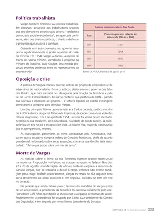Política trabalhista
Vargas também retomou sua política trabalhista.
Em discursos, declarava aos trabalhadores urbanos
que seu objetivo era a construção de uma “verdadeira
democracia social e econômica”, em que cada um ti-
vesse, além dos direitos políticos, o direito a desfrutar
o progresso que ajudava a construir.
Coerente com essa promessa, seu governo recu-
perou significativamente o poder aquisitivo do salá-
rio mínimo. Em 1954, Vargas autorizou aumento de
100% no salário mínimo, atendendo à proposta do
ministro do Trabalho, João Goulart. Essa medida pro-
vocou enormes protestos entre os representantes do
empresariado.
Oposição e crise
A política de Vargas recebeu diversas críticas de grupos de empresários e de
adversários do nacionalismo. Entre os críticos, destacava-se o governo dos Esta-
dos Unidos, que não escondia seu desagrado pela criação da Petrobras e pela
Lei de Lucros Extraordinários. Foi nesse contexto que políticos da UDN – partido
que liderava a oposição ao governo – e setores ligados ao capital estrangeiro
começaram a conspirar para derrubar Vargas.
Um dos principais líderes oposicionistas era Carlos Lacerda, político vincula-
do à UDN e diretor do jornal Tribuna da Imprensa, de onde comandava violentas
críticas ao governo. Em 5 de agosto de 1954, Lacerda foi vítima de um atentado,
ocorrido na rua Toneleros, em Copacabana, na cidade do Rio de Janeiro. O políti-
co levou um tiro no pé e escapou com vida. Já Rubem Vaz, major da Aeronáutica
que o acompanhava, morreu.
As investigações posteriores ao crime, conduzidas pela Aeronáutica, indi-
caram que o assassino cumpria ordens de Gregório Fortunato, chefe da guarda
presidencial. Informado sobre essas acusações, conta-se que Getúlio teria desa-
bafado: “Acho que estou sobre um mar de lama”.
Morte de Vargas
As notícias sobre o crime da rua Toneleros tiveram grande repercussão
na imprensa. A oposição multiplicou os ataques ao governo federal. Nos dias
22 e 23 de agosto, manifestações de oficiais militares exigiram a renúncia de
Getúlio Vargas, que se recusava a deixar o cargo, embora não tivesse condi-
ções para reagir. Isolado politicamente, Vargas escreveu no dia seguinte uma
carta-testamento ao povo brasileiro e, em seguida, suicidou-se com um tiro
no coração.
No período que ainda faltava para o término do mandato de Vargas (cerca
de um ano e meio), a presidência da República foi exercida inicialmente pelo vice-
-presidente Café Filho, que depois se afastou sob a alegação de motivos de saúde.
Posteriormente, a presidência foi ocupada por Carlos Luz (presidente da Câmara
dos Deputados) e em seguida por Nereu Ramos (presidente do Senado).
Salário mínimo real em São Paulo
Ano
Porcentagem em relação ao
salário de 1944 (= 100)
1951 53,0
1952 124,8
1953 101,7
1954 138,3
Fonte: OLIVEIRA, Francisco de. op. cit. p. 41.
223
CAPÍTULO 13 O Brasil democrático
 