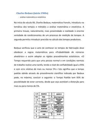 Charles Bedaux (inicio 1900s)
    - análise matemática e estatística

No início do século XX, Charles Bedaux, matemático francês, introduziu na
temática dos tempos e métodos a análise matemática e estatística. A
primeira trouxe, naturalmente, mais proximidade e realidade à enorme
variedade de condicionantes de um processo de medição de tempos. A
segunda permitiu introduzir precisão no cálculo dos tempos produtivos.


Bedaux verificou que o acto de conhecer os tempos de fabricação deve
obedecer a regras matemáticas para «Probabilidade de números
aleatórios» e assim adoptar os rígidos procedimentos estatísticos. «O
Tempo requerido para que uma pessoa normal e em condições normais
de trabalho realize uma tarefa, tendo o nível de confiabilidade igual a 95%
e com erro relativo de mais ou menos 5%.» Isto significa que o tempo
padrão obtido através do procedimento científico indicado por Bedaux
pode, no máximo, concluir o seguinte: o Tempo Padrão tem 95% de
possibilidade de estar correcto, desde que seja aceitável a distorção para
mais ou para menos de 5%.
 