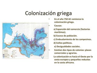 Colonización griega En el año 750 AC comienza la colonización griega. Causas: a) Expansión del comercio (factorías marítimas). b) Exceso de población. c) Endeudamiento de los campesinos. d) Exilios políticos. e) Desigualdades sociales. Existían dos tipos de colonias: plazas comerciales y agrarias. La colonización es hacia el Oeste por la costa europea y pequeños reductos en la costa africana. 