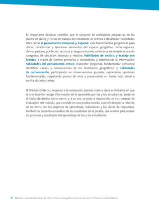 Es importante destacar también, que el conjunto de actividades propuestas en los
planes de clases y fichas de trabajo del estudiante se orienta a desarrollar habilidades
tales como el pensamiento temporal y espacial: usar herramientas geográficas para
ubicar, caracterizar y relacionar elementos del espacio geográfico como regiones,
climas, paisajes, población, recursos y riesgos naturales; orientarse en el espacio usando
categorías de ubicación absoluta y relativa; habilidades de análisis y trabajo con
fuentes, a través de fuentes primarias y secundarias, y sistematizar la información;
habilidades del pensamiento crítico: responder preguntas, fundamentar opiniones;
identificar causas y consecuencias de los fenómenos geográficos; y habilidades
de comunicación, participando en conversaciones grupales, expresando opiniones
fundamentadas, respetando puntos de vista y presentando en forma oral, visual o
escrita distintos temas.
El Módulo Didáctico respecto a la evaluación, plantea clase a clase actividades en que
la o el docente recoge información de lo aprendido por las y los estudiantes, tanto en
el inicio, desarrollo como cierre, y, a su vez, se pone a disposición un instrumento de
evaluación del módulo, que consiste en una prueba escrita, especificándose la relación
de los ítems con los objetivos de aprendizaje, indicadores y las claves de respuestas.
También se presenta un análisis de los resultados de la prueba, que orienta para revisar
los procesos y resultados del aprendizaje de las y los estudiantes.
8 / Módulo: Las Zonas Naturales de Chile / Historia, Geografía y Ciencias Sociales / 5° básico / Guía Didáctica
 