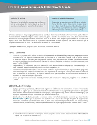 Módulo: Las Zonas Naturales de Chile / Historia, Geografía y Ciencias Sociales / 5° básico / Plan de clase / 27
CLASE NO
3:	 Zonas naturales de Chile: El Norte Grande.
Esta clase se enfoca en el espacio geográfico del Norte Grande, es decir, en el resultado de la transformación que la población
ha realizado en el medio natural para extraer sus recursos, pese a la aridez del territorio. Por lo tanto, dicha interacción ha
desarrollado espacios geográficos únicos, distintos al resto de las demás zonas del país. Ejemplo de ello es la explotación
agrícola de los oasis, la tradición cultural de los pueblos que viven en el altiplano (aymaras), y el polo de desarrollo que se
ha generado en Calama en torno a las actividades de la mina de Chuquicamata.
Conceptos claves: espacio geográfico, oasis, actividades económicas, hábitat.
INICIO / 10 minutos
•	 Escriba en la pizarra el tema central de la clase: La zona natural del Norte Grande y su espacio geográfico. Presente
un video corto con algunos paisajes naturales y culturales de la zona Norte Grande. En él se puede apreciar
la aridez del desierto, volcanes, salar de Atacama, lagunas, oasis, los pueblos del altiplano (patrimonio cultural),
vestigios de pueblos preincaicos (geoglifos). El acceso en Internet al video es el siguiente: http://www.youtube.com/
watch?v=qFS6_7iFDD0
•	 Pregunte a las y los estudiantes qué fue lo que más les llamó la atención de las imágenes que vieron en relación a la
zona; cuáles son algunas diferencias con su propia región o localidad, etc.
•	 Dadas las condiciones climáticas de la zona, su relieve, existencia de planicies litorales en algunos sectores, pregunte a
los alumnos(as) cuáles son los recursos naturales más importantes de esta región. Sus respuestas debieran orientarse
hacia los minerales en la cordillera y las especies marinas; por lo que la población se distribuirá en las cercanías de la
existencia de estos recursos para explotarlos.
•	 Señale que la presente clase estará dedicada, entonces, a la construcción del espacio geográfico en la zona Norte
Grande.
DESARROLLO / 70 minutos
•	 Explique que la mayor parte de la población de la región se ha establecido en la zona costera, en torno a tres ciudades
principales. Se sugiere que las y los estudiantes abran su texto escolar8
en la página 155 y localicen en el mapa los
asentamientos humanos de las ciudades de Arica, Iquique y Antofagasta. Luego pídales que lean la simbología y que
expliquen el tipo de actividades económicas que se desarrollan en ellas.
•	 Solicite a las y los estudiantes, apoyados por el texto escolar y la ficha de trabajo del estudiante que desarrollen las
Actividades N° 7 y N° 8 que se relacionan con la observación y lectura de un mapa, el registro de las principales
actividades económicas y culturales de la zona, es decir, cómo los distintos grupos humanos han ido ocupando y
transformando el paisaje natural y el análisis de los elementos del espacio geográfico de la zona del Norte Grande.
Objetivo de la clase:
Reconocer los principales recursos que se disponen
en la zona natural del Norte Grande y tipos de
asentamientos humanos que se han desarrollado.
Objetivo de Aprendizaje asociado
Caracterizar las grandes zonas de Chile y sus paisajes
(Norte Grande, Norte Chico, Zona Central, Zona
Sur y Zona Austral), considerando ubicación, clima
(temperatura y precipitaciones), relieve, hidrografía,
población y recursos naturales, entre otros. (OA 9).
8.	 Gonzalo Álvarez Bravo y Macarena Barahona Jonas. Historia, Geografía y Ciencias Sociales. Texto del estudiante 5° Básico. Editorial
Zig Zag. Pág. 155. (Edición de diciembre 2012).
 
